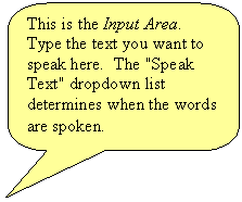 Rounded Rectangular Callout: This is the Input Area.  Type the text you want to speak here.  The "Speak Text" dropdown list determines when the words are spoken.